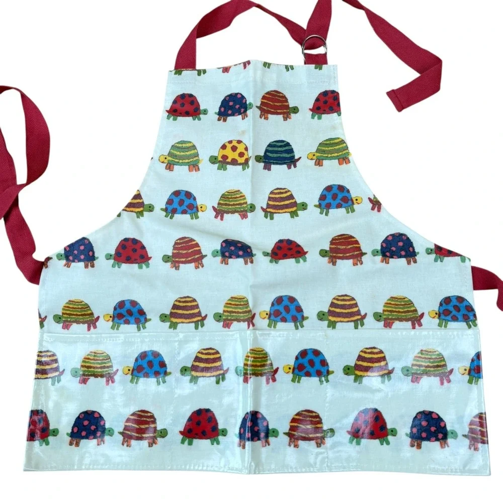 Kids Apron Waterproof Unisex Adjustable Neck Strap Turtles Pockets Cotton w/ PVC - Picture 2 of 9